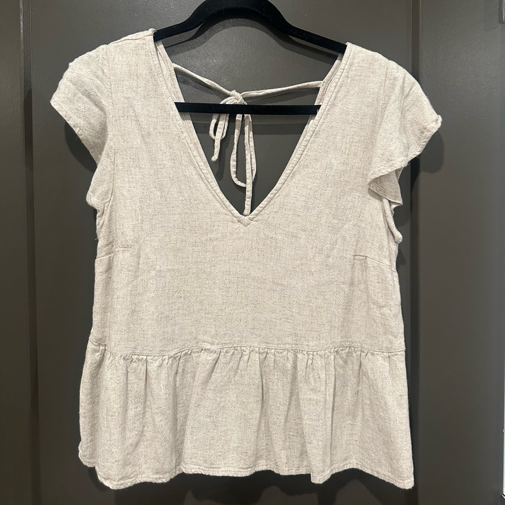 Abercrombie & Fitch Cream Peplum Blouse with Tie Front